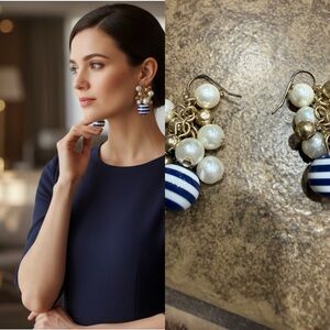 Navy White Striped Bead Cluster Drop Earrings Faux Pearl Gold Tone Nautical